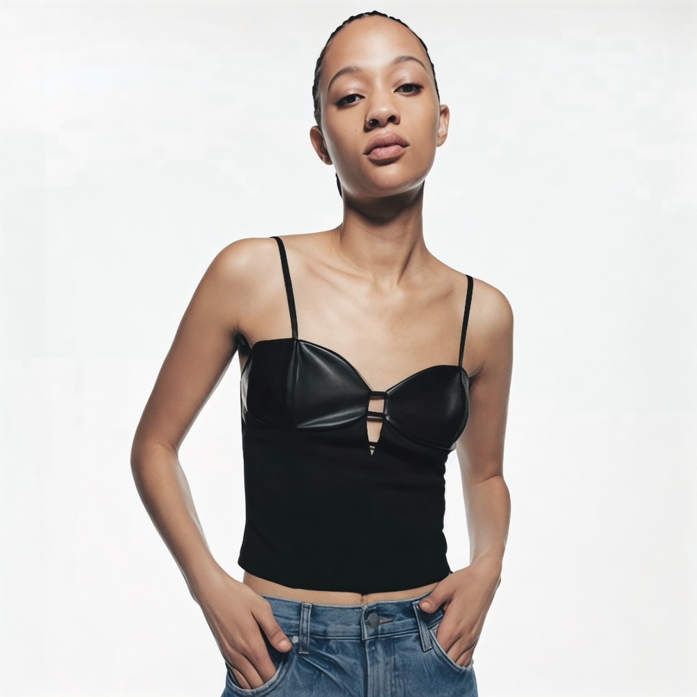 ZARA Black Combination Faux Leather Corset Top Size M